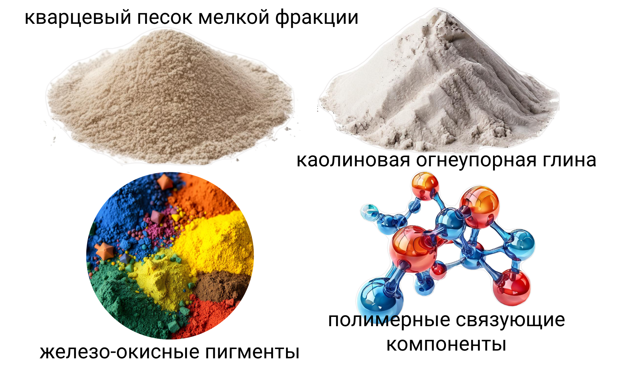 кварцевый песок мелкой фракции каолиновая огнеупорная глина железо-окисные пигменты полимерные связующие компоненты